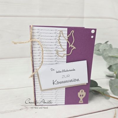 Glückwunschkarte zur Kommunion mit Taube und Kelch -Violett-