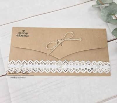 Gutscheinkarte zum Geburtstag oder zur Hochzeit - Braun-Weiß mit Halbperlen