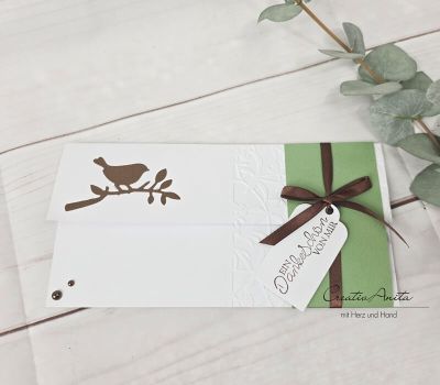 Gutschein- oder Geldgeschenkverpackung Grün-Weiß mit Vögelchen