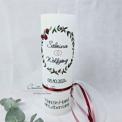 Preview: Hochzeitskerze Rustik weiß - Blätterkranz - mit zarten Blümchen - mit/ohne Teelichteinsatz