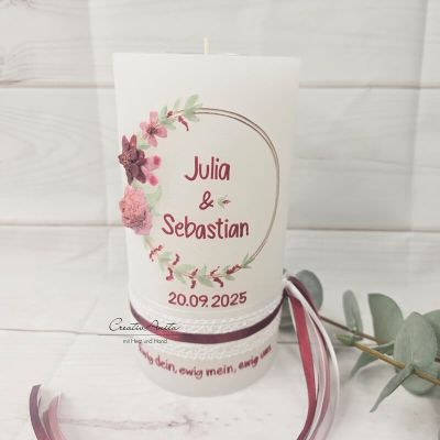 Preview: Hochzeitskerze Rustik weiß groß - mit Blütenkreis roségold, bordeaux, altrosa