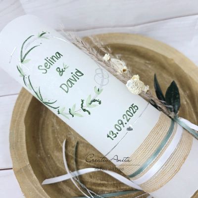 Hochzeitskerze Rustik weiß - Blätterkreis - silber-grün metallic FILIGRAN - wahlweise mit/ohne Teelichteinsatz