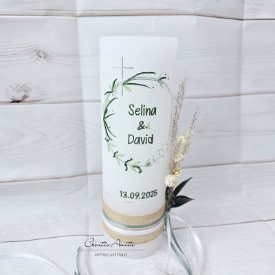 Preview: Hochzeitskerze Rustik weiß - Blätterkreis - silber-grün metallic FILIGRAN - wahlweise mit/ohne Teelichteinsatz