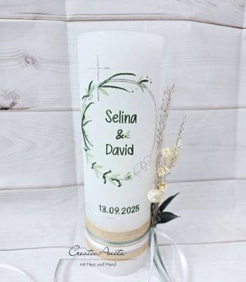 Preview: Hochzeitskerze Rustik weiß - Blätterkreis - silber-grün metallic FILIGRAN - wahlweise mit/ohne Teelichteinsatz