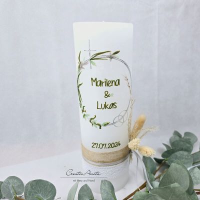 Preview: Hochzeitskerze Rustik weiß - Blütenkreis - silber FILIGRAN - wahlweise mit/ohne Teelichteinsatz