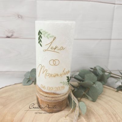 Hochzeitskerze mit echtem Holz mit/ohne Teelichteinsatz, Blätter Gold-Grün