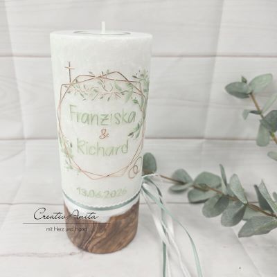 Preview: Hochzeitskerze mit echtem Holz und Teelichteinsatz, Geometric Style Rosegold-Eukalypthus