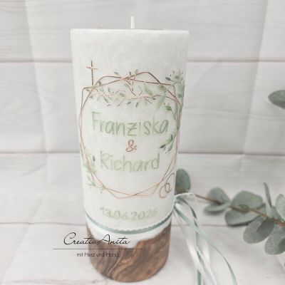 Preview: Hochzeitskerze mit echtem Holz und Teelichteinsatz, Geometric Style Rosegold-Eukalypthus