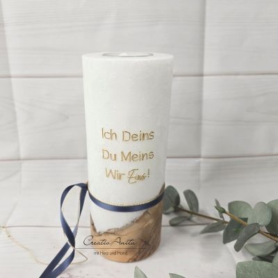Hochzeitskerze mit echtem Holz und mit/ohne Teelichteinsatz, Blumen Gold-Blau-Eukalypthus