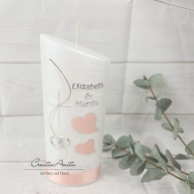 Hochzeitskerze Perlmutt geriffelt - Ellipse abgeschrägt mit Herzen - APRICOT-LACHS mit Silberstreifen umrandet