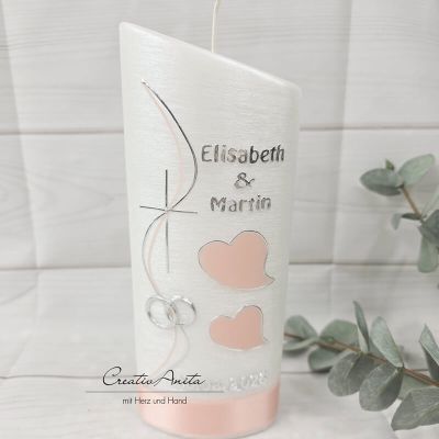 Hochzeitskerze Perlmutt geriffelt - Ellipse abgeschrägt mit Herzen - APRICOT-LACHS mit Silberstreifen umrandet