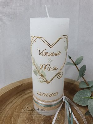 Preview: Hochzeitskerze Rustik weiß - Herz Geometric mit zarten Blättern - gold-eukalypthus
