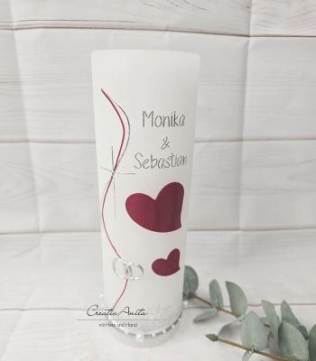 Preview: Hochzeitskerze Rustik weiß - mit Herzen & Kreuz - Bordeaux