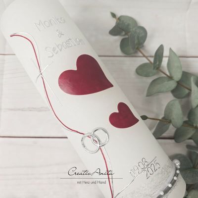 Hochzeitskerze Rustik weiß - mit Herzen & Kreuz - Bordeaux