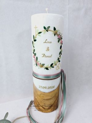Preview: Hochzeitskerze mit echtem Holz und Teelichteinsatz -Blütenkranz- Altrosa-Gold