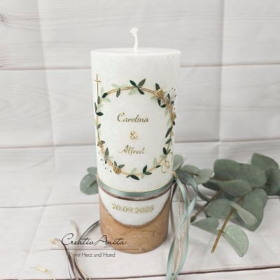 Hochzeitskerze mit echtem Holz und mit/ohne Teelichteinsatz -Blütenkranz- Gold