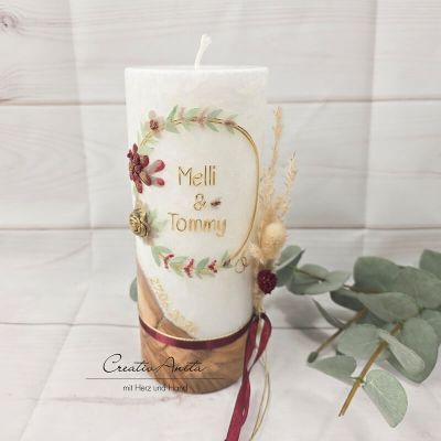 Hochzeitskerze mit echtem Holz und mit/ohne Teelichteinsatz, Blumen Gold-Bordeaux
