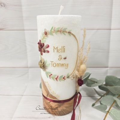 Hochzeitskerze mit echtem Holz und mit/ohne Teelichteinsatz, Blumen Gold-Bordeaux