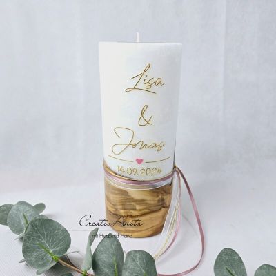 Hochzeitskerze mit echtem Holz und Teelichteinsatz, Gold