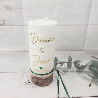 Preview: Hochzeitskerze mit echtem Holz mit/ohne Teelichteinsatz, GOLD - Dunkelgrünes Herz