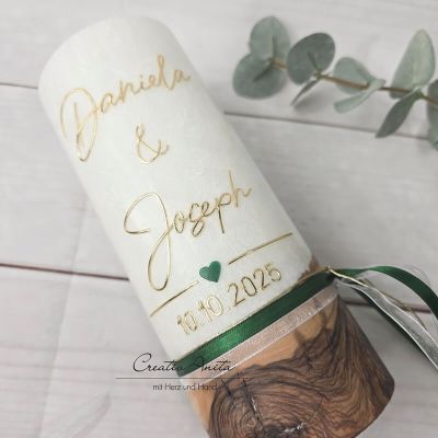 Hochzeitskerze mit echtem Holz mit/ohne Teelichteinsatz, GOLD - Dunkelgrünes Herz