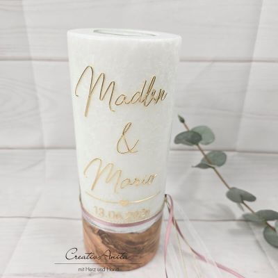 Preview: Hochzeitskerze mit echtem Holz mit/ohne Teelichteinsatz, GOLDENES Herz