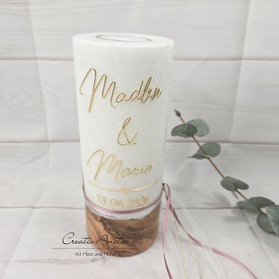 Preview: Hochzeitskerze mit echtem Holz mit/ohne Teelichteinsatz, GOLDENES Herz