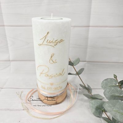 Preview: Hochzeitskerze mit echtem Holz mit/ohne Teelichteinsatz, GOLD - Apricot Herz