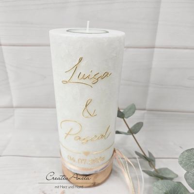 Preview: Hochzeitskerze mit echtem Holz mit/ohne Teelichteinsatz, GOLD - Apricot Herz