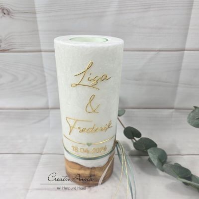 Preview: Hochzeitskerze mit echtem Holz mit/ohne Teelichteinsatz, GOLD - Eukalypthusfarbenes Herz