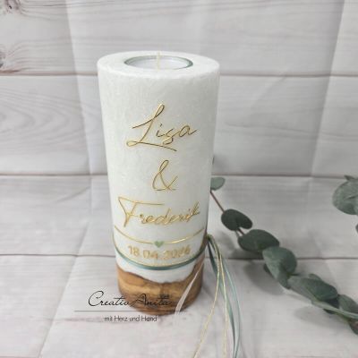 Preview: Hochzeitskerze mit echtem Holz mit/ohne Teelichteinsatz, GOLD - Eukalypthusfarbenes Herz