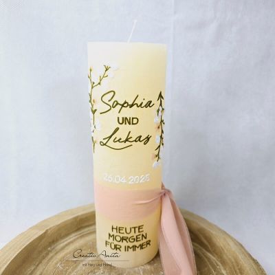 Hochzeitskerze Rustik creme groß - wahlweise mit/ohne Teelichteinsatz - mit Blumen in olive, weiß, rosé