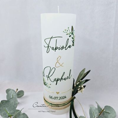 Preview: Hochzeitskerze Rustik weiß - Floral Schreibschrift grün-gold, mit/ohne Teelichteinsatz