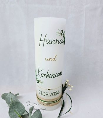 Preview: Hochzeitskerze Rustik weiß - Floral geradlinig grün-gold, mit/ohne Teelichteinsatz