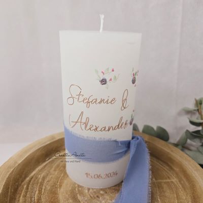 Preview: Hochzeitskerze Rustik weiß groß - Flower Nature - Roségold-Natur