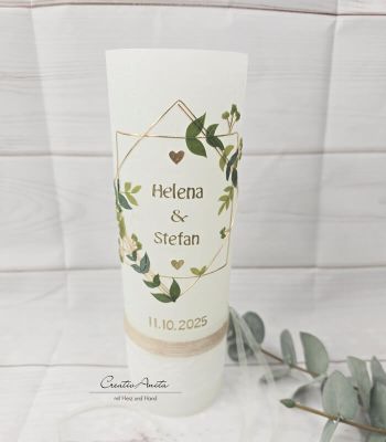 Preview: Hochzeitskerze Rustik weiss mit/ohne Teelichteinsatz 250x80 - Vintage geometric - Gold-Natur