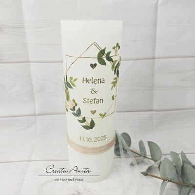 Preview: Hochzeitskerze Rustik weiss mit/ohne Teelichteinsatz 250x80 - Vintage geometric - Gold-Natur