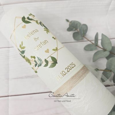 Hochzeitskerze Rustik weiss mit/ohne Teelichteinsatz 250x80 - Vintage geometric - Gold-Natur