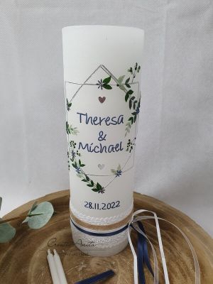 Preview: Hochzeitskerze Rustik weiß mit/ohne Teelichteinsatz - Geometric Wedding - Silber-Blau metallic