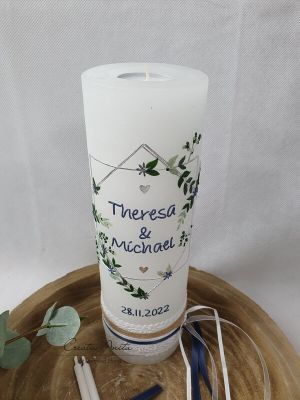 Preview: Hochzeitskerze Rustik weiß mit/ohne Teelichteinsatz - Geometric Wedding - Silber-Blau metallic