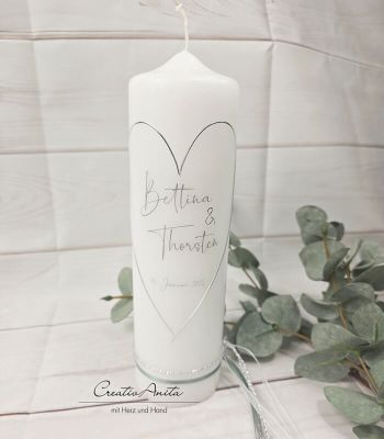 Hochzeitskerze im Schlichten Stil -Modern Heart- eukalyphtus-silber