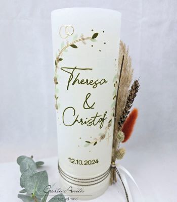 Preview: Hochzeitskerze Rustik weiß XXL mit Teelichteinsatz - Blätterranken mit filigranen Blüten