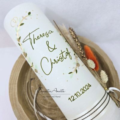 Preview: Hochzeitskerze Rustik weiß XXL mit Teelichteinsatz - Blätterranken mit filigranen Blüten