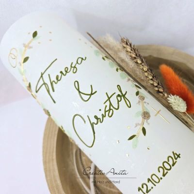 Preview: Hochzeitskerze Rustik weiß XXL mit Teelichteinsatz - Blätterranken mit filigranen Blüten