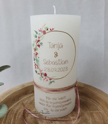 Preview: Hochzeitskerze Rustik weiß - zarte Blümchen altrosa-bordeaux