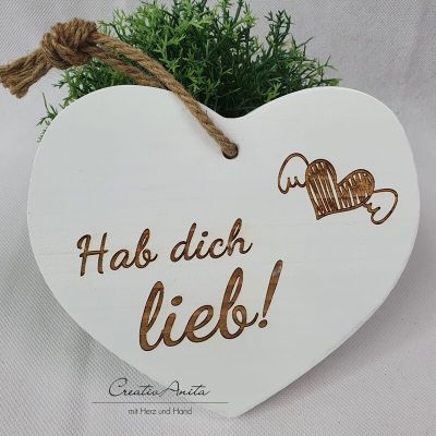Holzherz "Hab dich lieb" - Schild zum Hängen mit Jutekordel, Shabbystil