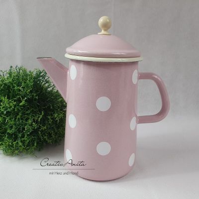 Kaffeekanne - Teekanne aus Email in Rosa mit weißen Punkten