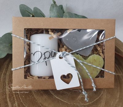 Handverziertes Kerzen-Set und Seifenherzen in Geschenkbox - Geschenk für Opa - Kerzenset