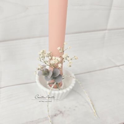 Preview: Stabkerzenhalter in Runder Form mit Rillenoptik - Eukalypthus und Schleierkraut dekoriert -apricot-