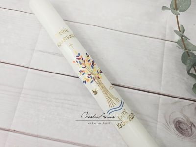 Preview: Kommunionkerze Baum bunt-gold oder in Wunschfarbe Kreuz, Wasser, Taube, Fisch